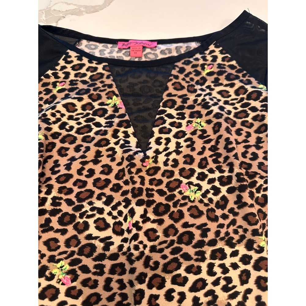 Betsey Johnson Leopard Floral Mesh Long Sleeve Top Brown Black Size M - Picture 2 of 6